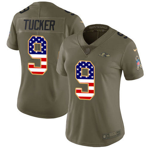 Nike Ravens #9 Justin Tucker Olive/USA Flag Women's Stitched NFL Limited Salute to Service Jersey